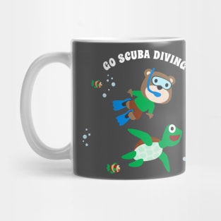 Diving with funny bear and turtle with cartoon style. Mug